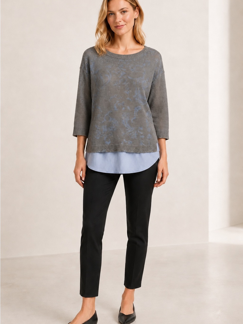 Chico's Gray Sweater with Light Blue Layered Hem